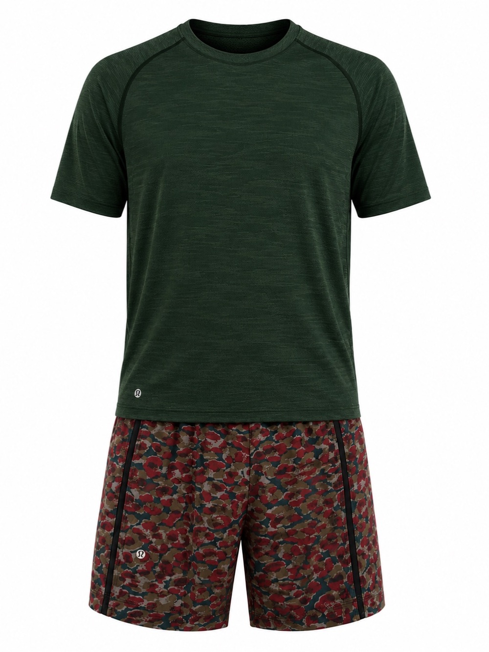Lululemon Mens Green Athletic Shirt & Camo Shorts Set Casual & Performance Wear